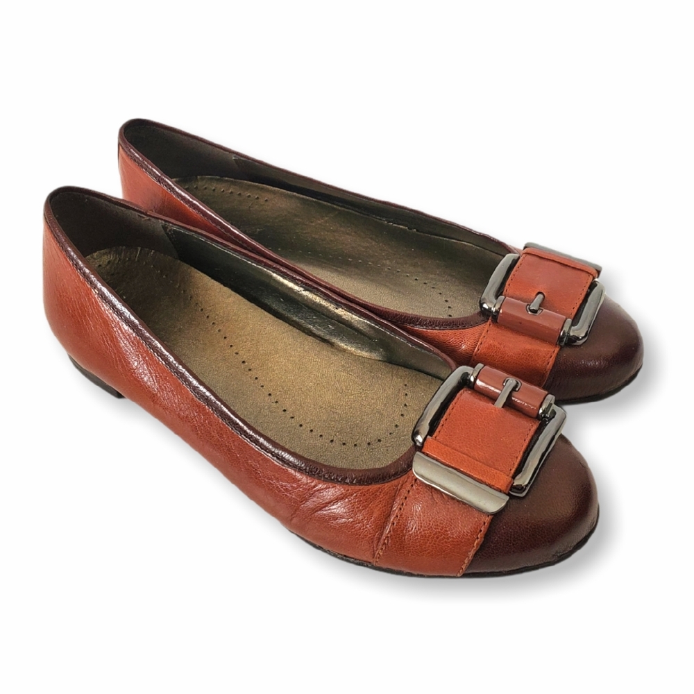 Leather Buckle Brown Flats, Size 8
